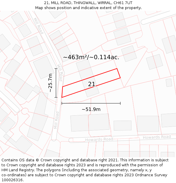 21, MILL ROAD, THINGWALL, WIRRAL, CH61 7UT: Plot and title map