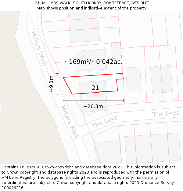 21, MILLARS WALK, SOUTH KIRKBY, PONTEFRACT, WF9 3UZ: Plot and title map