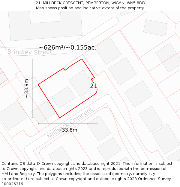 21, MILLBECK CRESCENT, PEMBERTON, WIGAN, WN5 8DD: Plot and title map