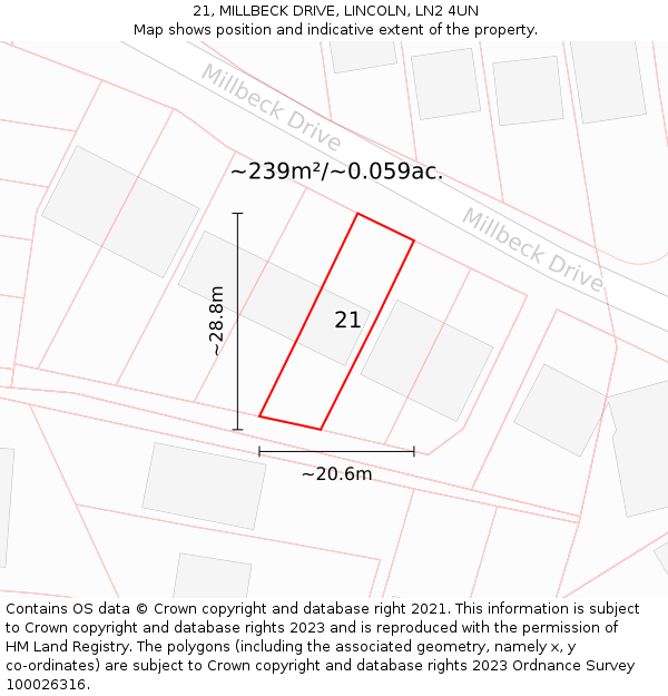 21, MILLBECK DRIVE, LINCOLN, LN2 4UN: Plot and title map