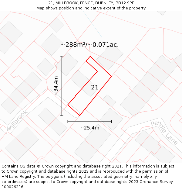 21, MILLBROOK, FENCE, BURNLEY, BB12 9PE: Plot and title map