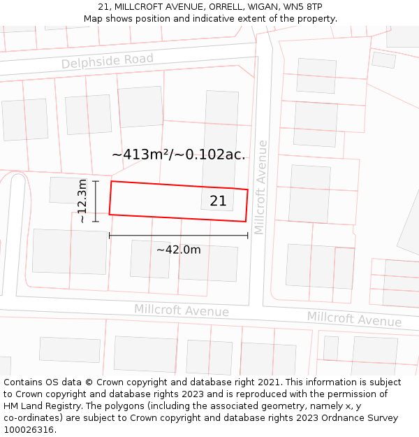 21, MILLCROFT AVENUE, ORRELL, WIGAN, WN5 8TP: Plot and title map