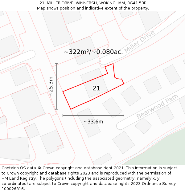 21, MILLER DRIVE, WINNERSH, WOKINGHAM, RG41 5RP: Plot and title map