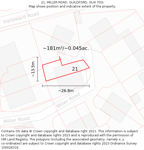 21, MILLER ROAD, GUILDFORD, GU4 7DG: Plot and title map