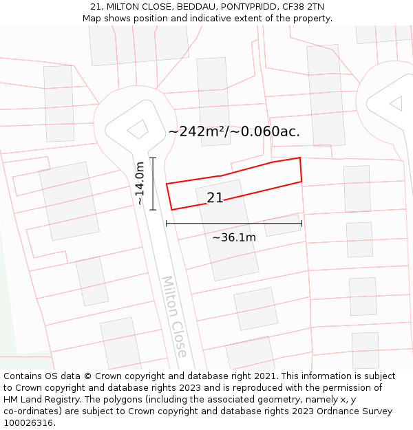 21, MILTON CLOSE, BEDDAU, PONTYPRIDD, CF38 2TN: Plot and title map