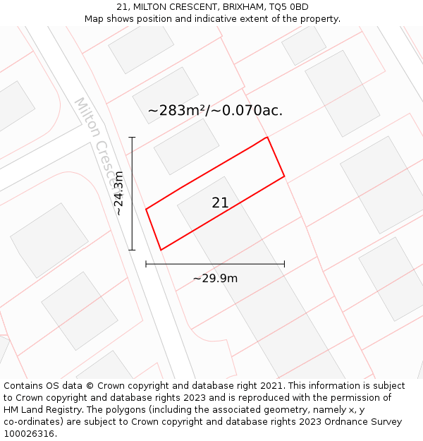 21, MILTON CRESCENT, BRIXHAM, TQ5 0BD: Plot and title map