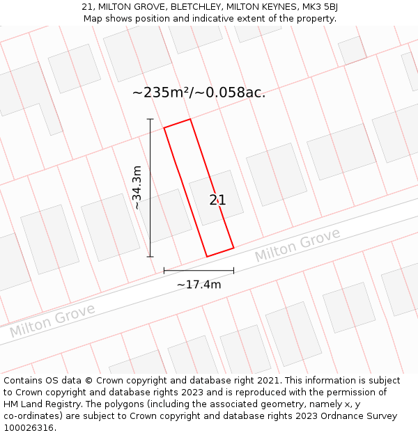 21, MILTON GROVE, BLETCHLEY, MILTON KEYNES, MK3 5BJ: Plot and title map