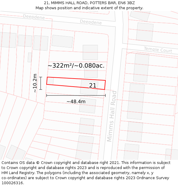 21, MIMMS HALL ROAD, POTTERS BAR, EN6 3BZ: Plot and title map