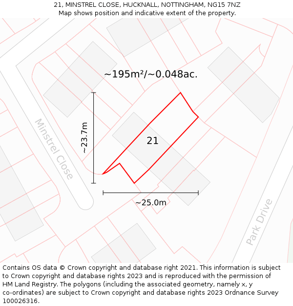 21, MINSTREL CLOSE, HUCKNALL, NOTTINGHAM, NG15 7NZ: Plot and title map