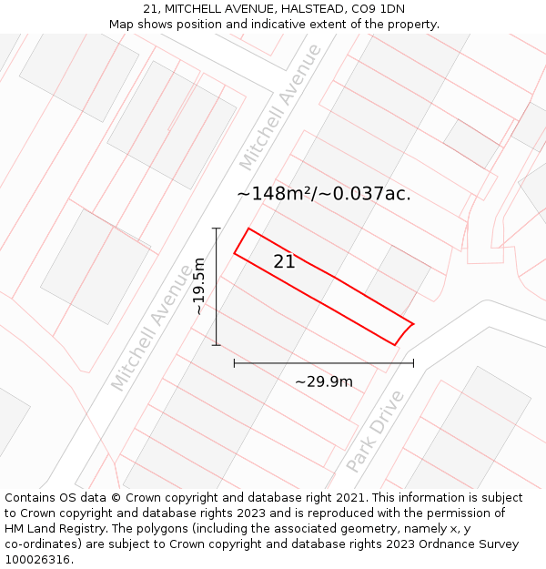 21, MITCHELL AVENUE, HALSTEAD, CO9 1DN: Plot and title map