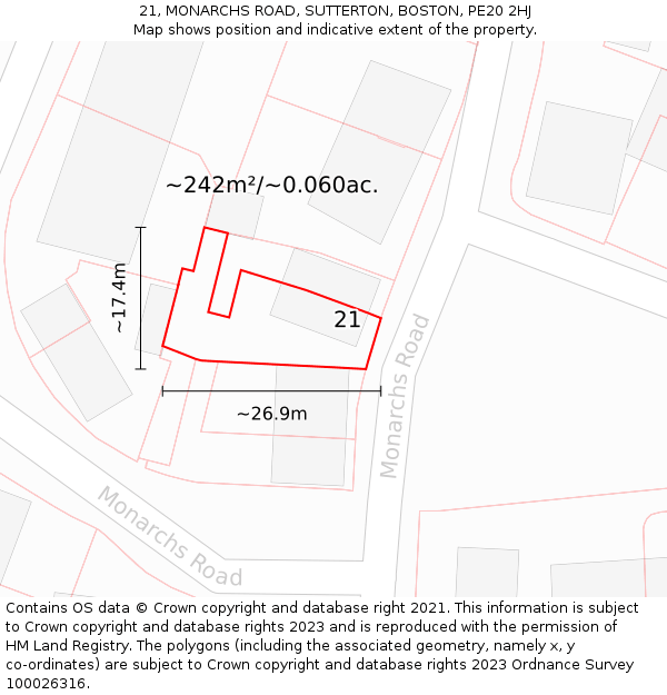 21, MONARCHS ROAD, SUTTERTON, BOSTON, PE20 2HJ: Plot and title map