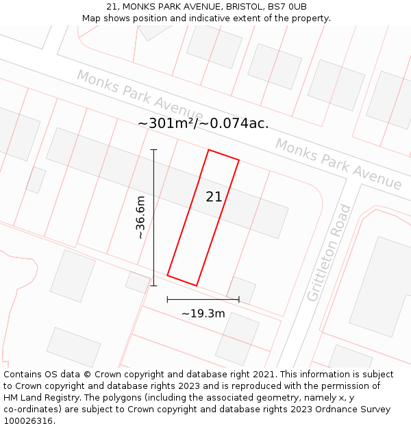 21, MONKS PARK AVENUE, BRISTOL, BS7 0UB: Plot and title map
