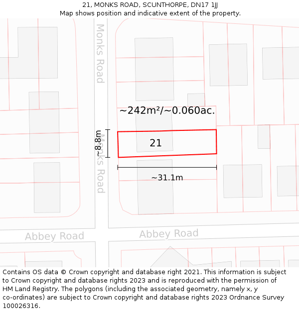 21, MONKS ROAD, SCUNTHORPE, DN17 1JJ: Plot and title map