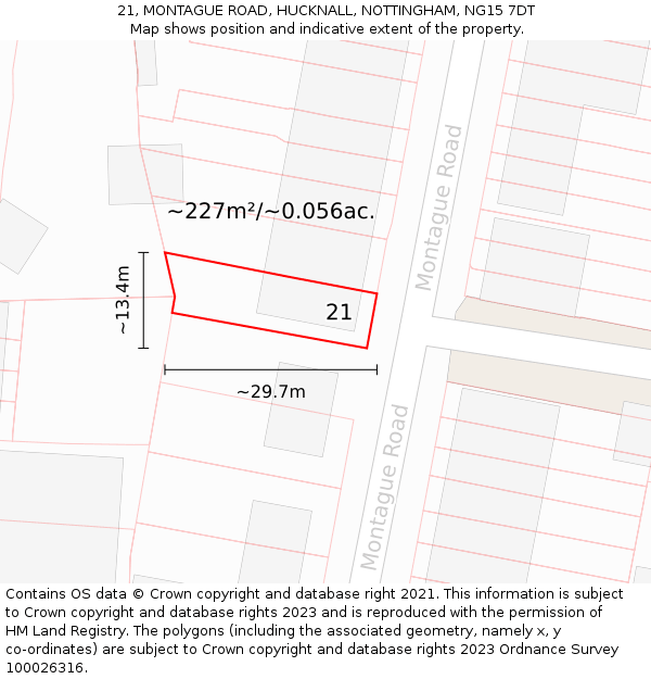 21, MONTAGUE ROAD, HUCKNALL, NOTTINGHAM, NG15 7DT: Plot and title map