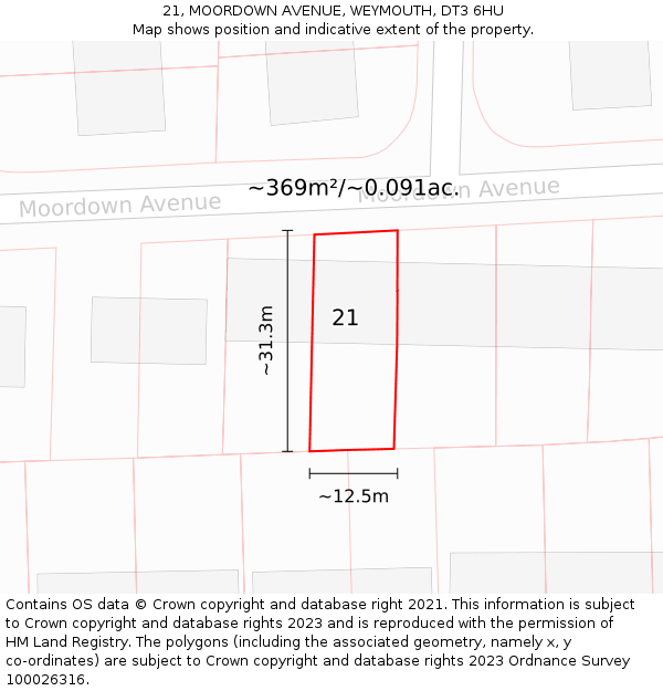 21, MOORDOWN AVENUE, WEYMOUTH, DT3 6HU: Plot and title map