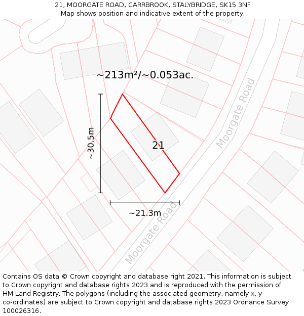21, MOORGATE ROAD, CARRBROOK, STALYBRIDGE, SK15 3NF: Plot and title map