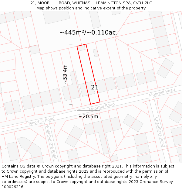 21, MOORHILL ROAD, WHITNASH, LEAMINGTON SPA, CV31 2LG: Plot and title map