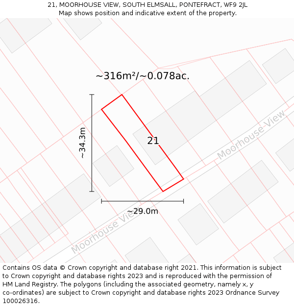 21, MOORHOUSE VIEW, SOUTH ELMSALL, PONTEFRACT, WF9 2JL: Plot and title map
