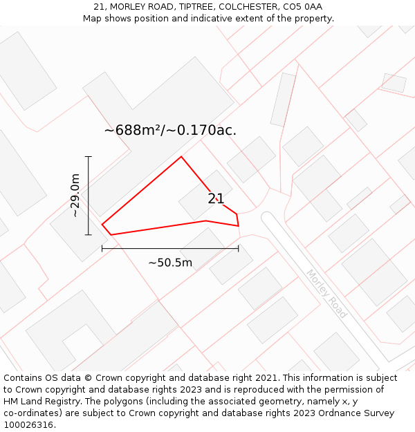 21, MORLEY ROAD, TIPTREE, COLCHESTER, CO5 0AA: Plot and title map