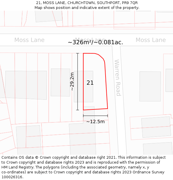 21, MOSS LANE, CHURCHTOWN, SOUTHPORT, PR9 7QR: Plot and title map