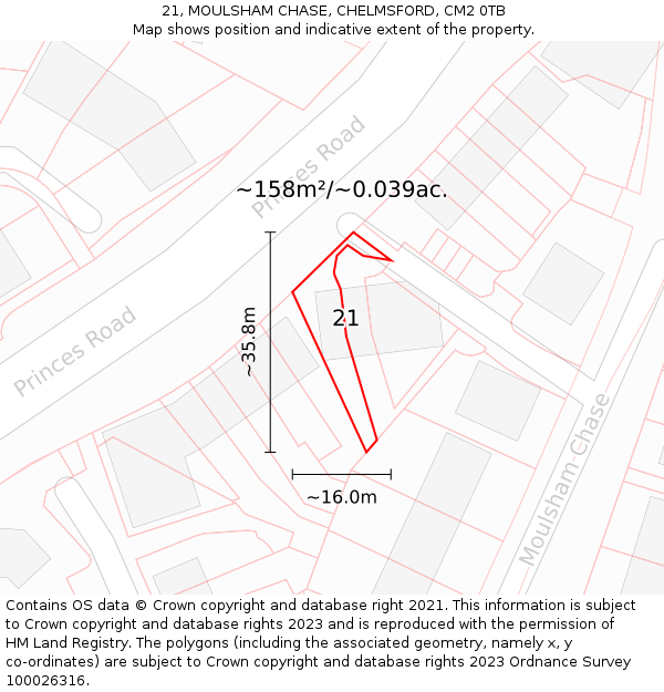 21, MOULSHAM CHASE, CHELMSFORD, CM2 0TB: Plot and title map