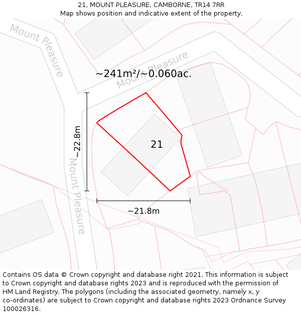 21, MOUNT PLEASURE, CAMBORNE, TR14 7RR: Plot and title map