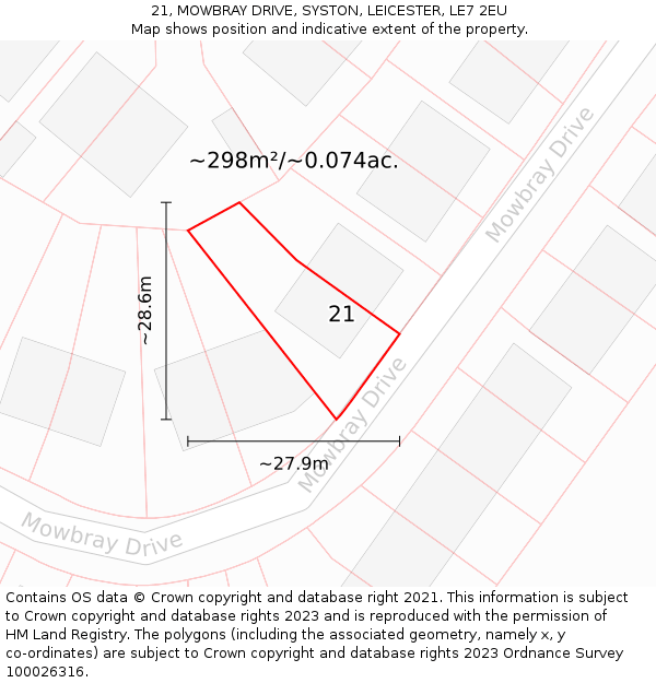 21, MOWBRAY DRIVE, SYSTON, LEICESTER, LE7 2EU: Plot and title map