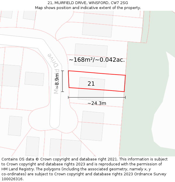 21, MUIRFIELD DRIVE, WINSFORD, CW7 2SG: Plot and title map