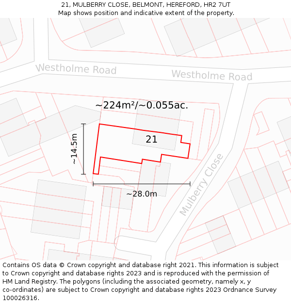 21, MULBERRY CLOSE, BELMONT, HEREFORD, HR2 7UT: Plot and title map