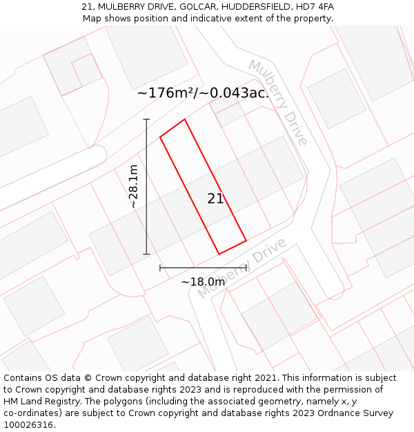 21, MULBERRY DRIVE, GOLCAR, HUDDERSFIELD, HD7 4FA: Plot and title map