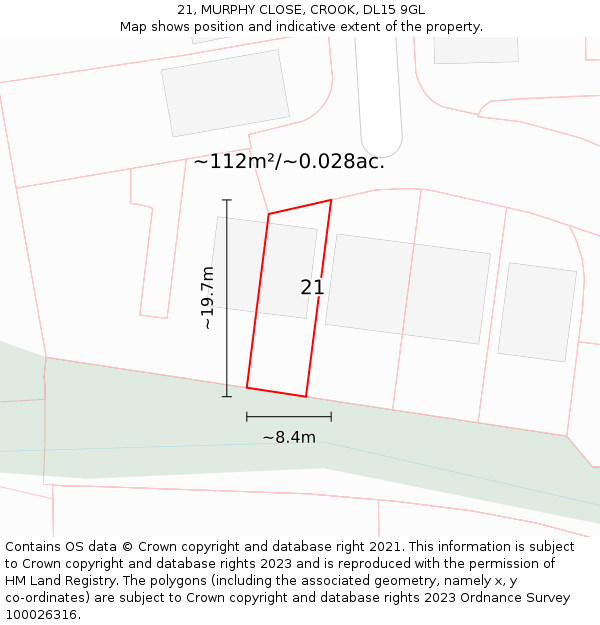 21, MURPHY CLOSE, CROOK, DL15 9GL: Plot and title map
