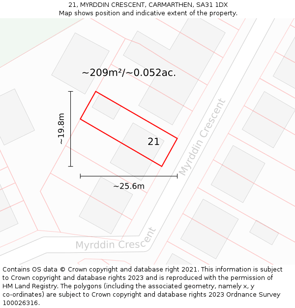 21, MYRDDIN CRESCENT, CARMARTHEN, SA31 1DX: Plot and title map