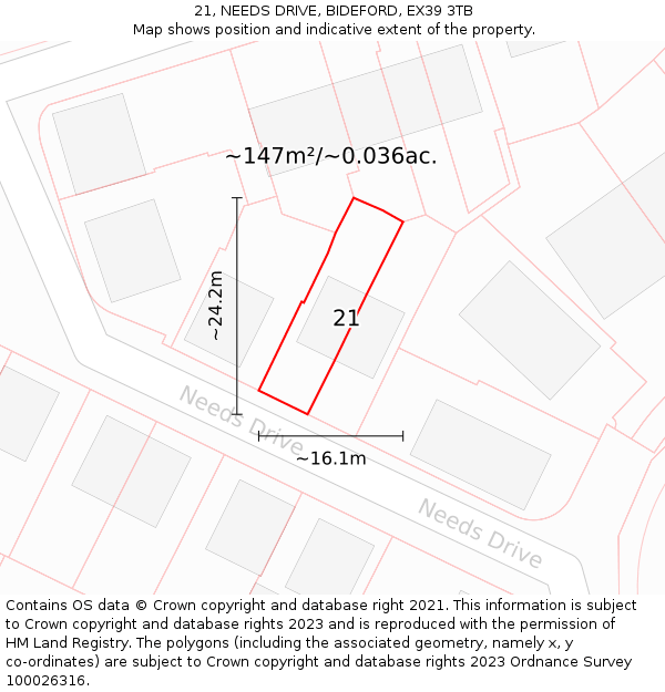21, NEEDS DRIVE, BIDEFORD, EX39 3TB: Plot and title map