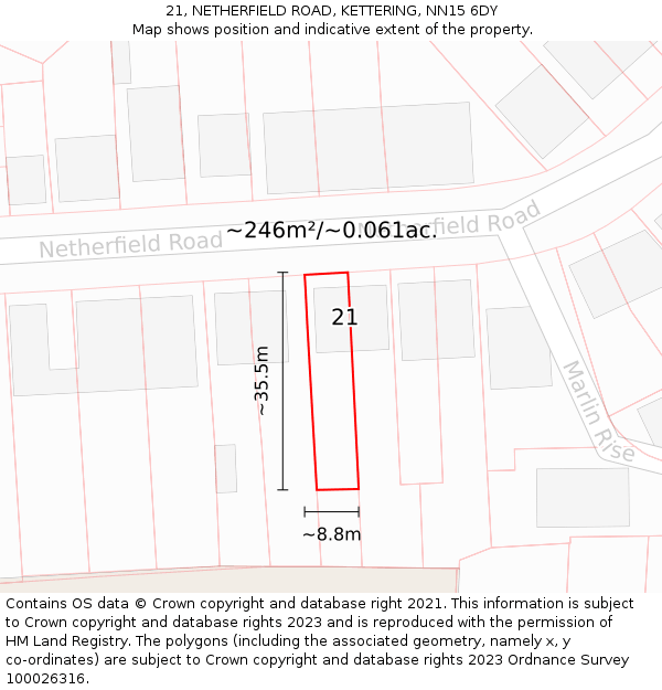 21, NETHERFIELD ROAD, KETTERING, NN15 6DY: Plot and title map