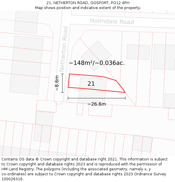 21, NETHERTON ROAD, GOSPORT, PO12 4PH: Plot and title map