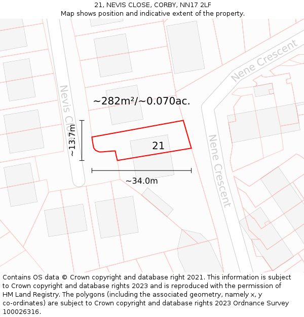 21, NEVIS CLOSE, CORBY, NN17 2LF: Plot and title map