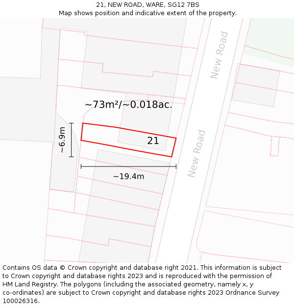 21, NEW ROAD, WARE, SG12 7BS: Plot and title map