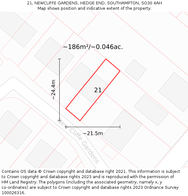 21, NEWCLIFFE GARDENS, HEDGE END, SOUTHAMPTON, SO30 4AH: Plot and title map