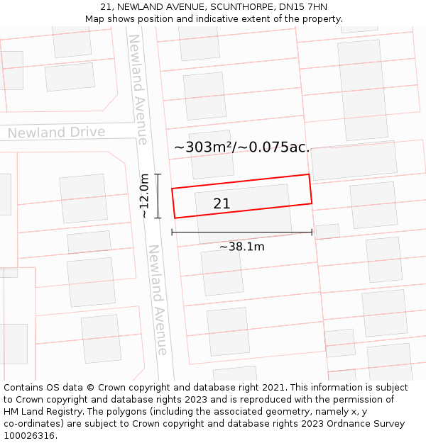 21, NEWLAND AVENUE, SCUNTHORPE, DN15 7HN: Plot and title map
