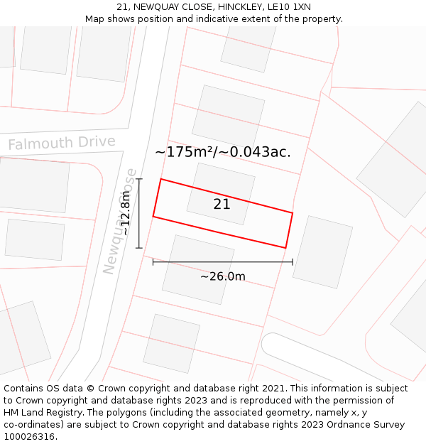 21, NEWQUAY CLOSE, HINCKLEY, LE10 1XN: Plot and title map