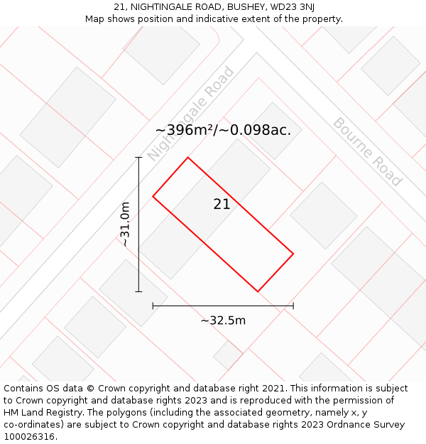 21, NIGHTINGALE ROAD, BUSHEY, WD23 3NJ: Plot and title map
