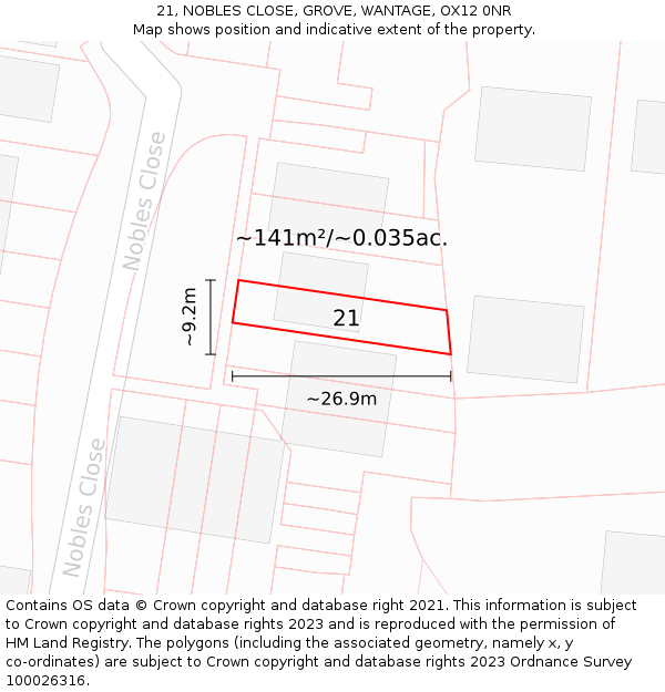21, NOBLES CLOSE, GROVE, WANTAGE, OX12 0NR: Plot and title map