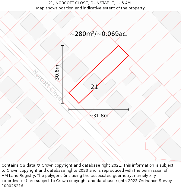 21, NORCOTT CLOSE, DUNSTABLE, LU5 4AH: Plot and title map