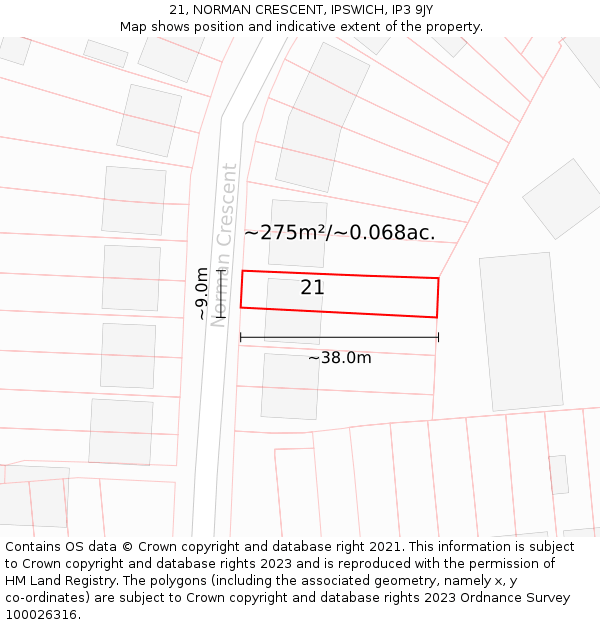 21, NORMAN CRESCENT, IPSWICH, IP3 9JY: Plot and title map