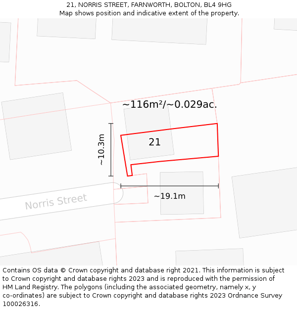 21, NORRIS STREET, FARNWORTH, BOLTON, BL4 9HG: Plot and title map