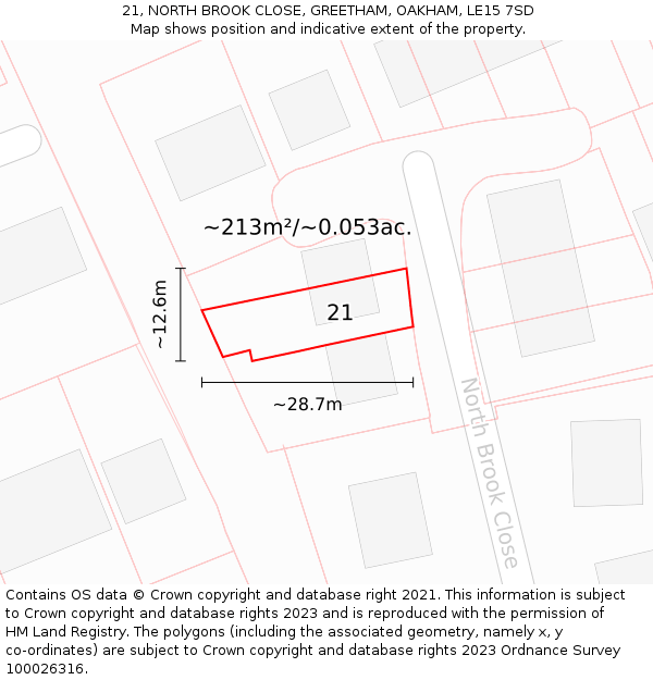 21, NORTH BROOK CLOSE, GREETHAM, OAKHAM, LE15 7SD: Plot and title map