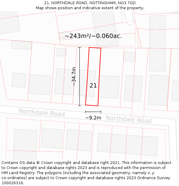 21, NORTHDALE ROAD, NOTTINGHAM, NG3 7GD: Plot and title map