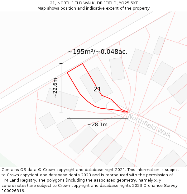 21, NORTHFIELD WALK, DRIFFIELD, YO25 5XT: Plot and title map