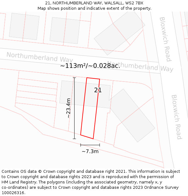 21, NORTHUMBERLAND WAY, WALSALL, WS2 7BX: Plot and title map
