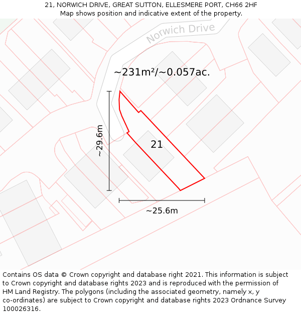 21, NORWICH DRIVE, GREAT SUTTON, ELLESMERE PORT, CH66 2HF: Plot and title map